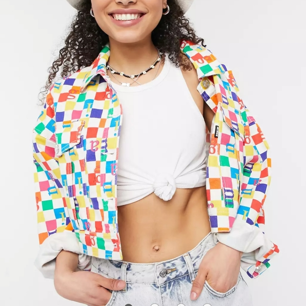 Minga London cropped jacket in rainbow check co-ord
